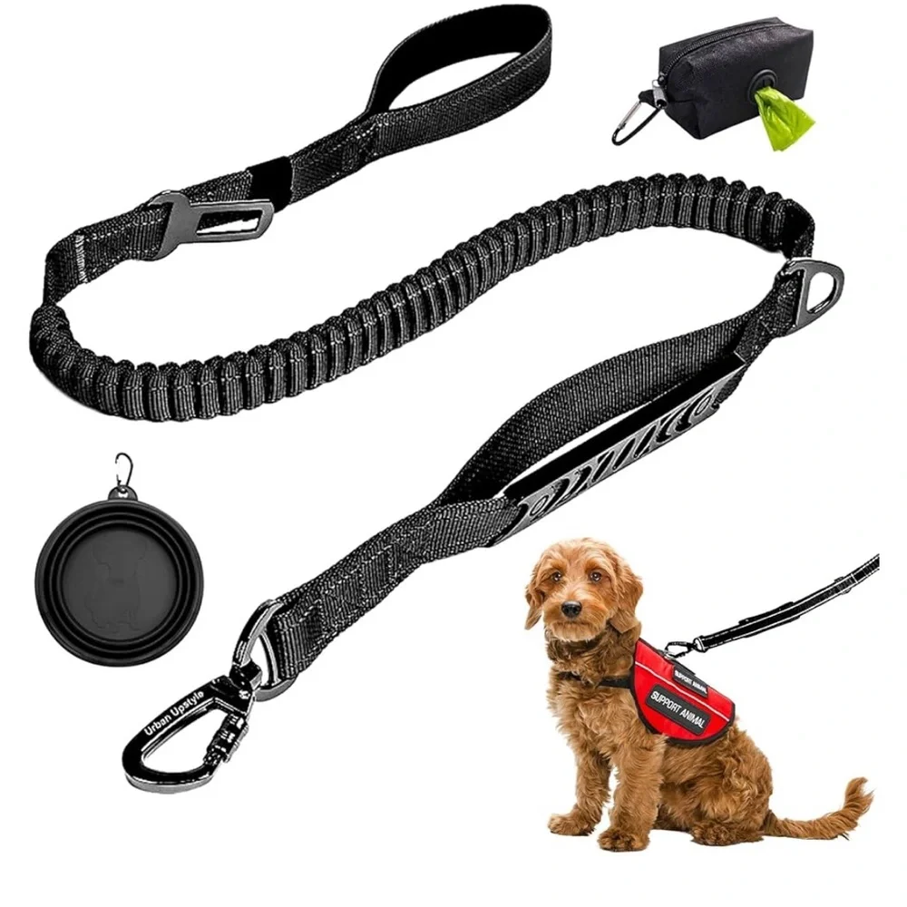 Heavy Duty Dual Handle Dog Leash with Bungee Cord, Seat Belt Loop, Poop Bag